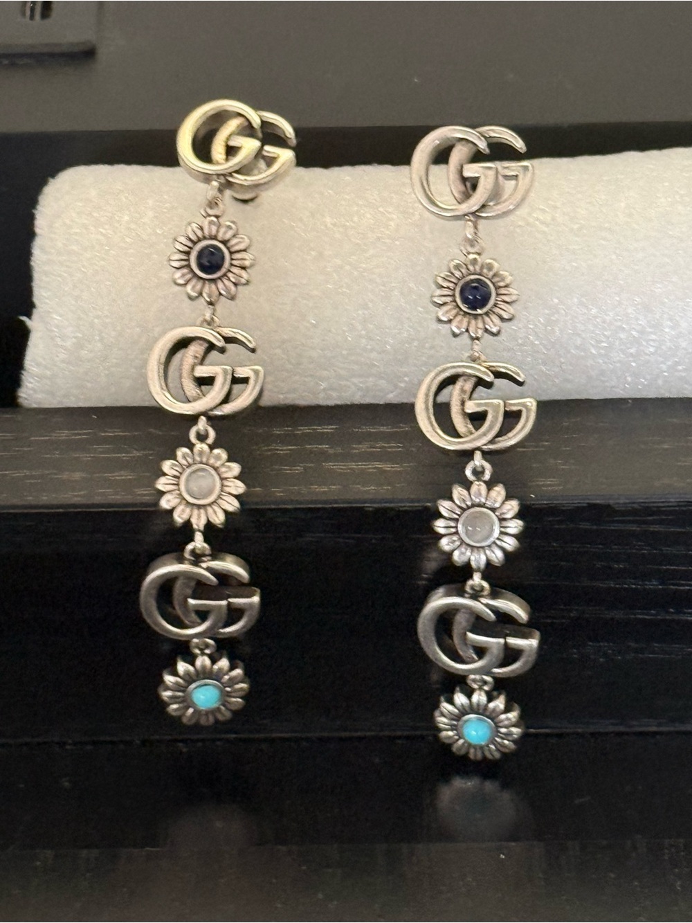 Gucci Silver-Tone Floral Drop Earrings with Blue and Turquoise Stones